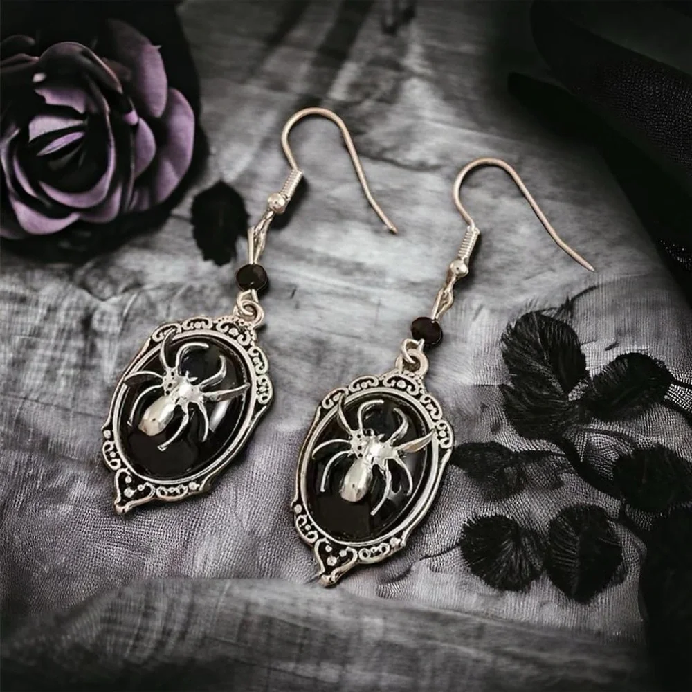 Gothic Retro Style Black Gemstone Spider Earrings Faux Fashion Jewelry‎